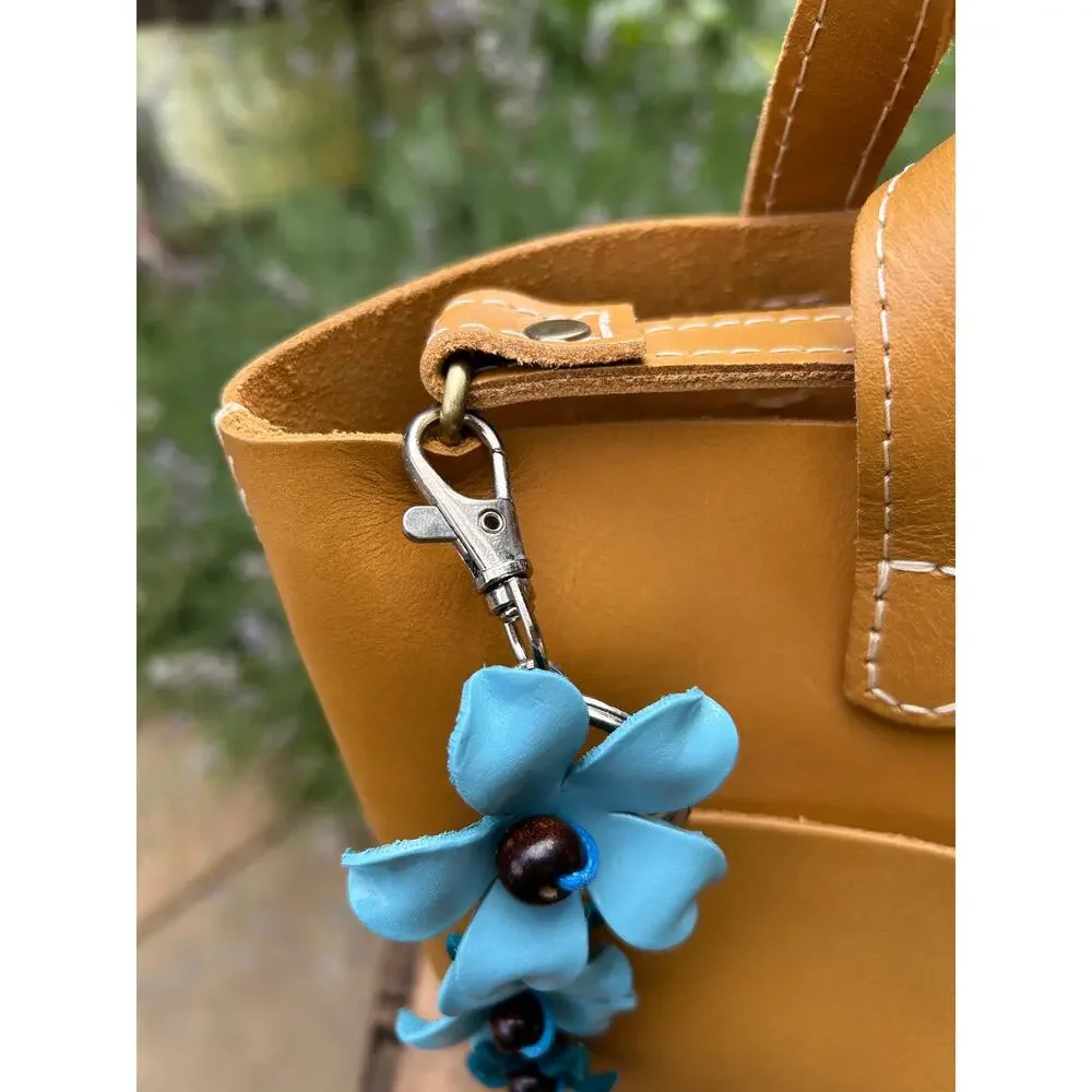 Plumeria Flower Bag Charm Genuine Leather Bag Charm Light blue Flower Charm